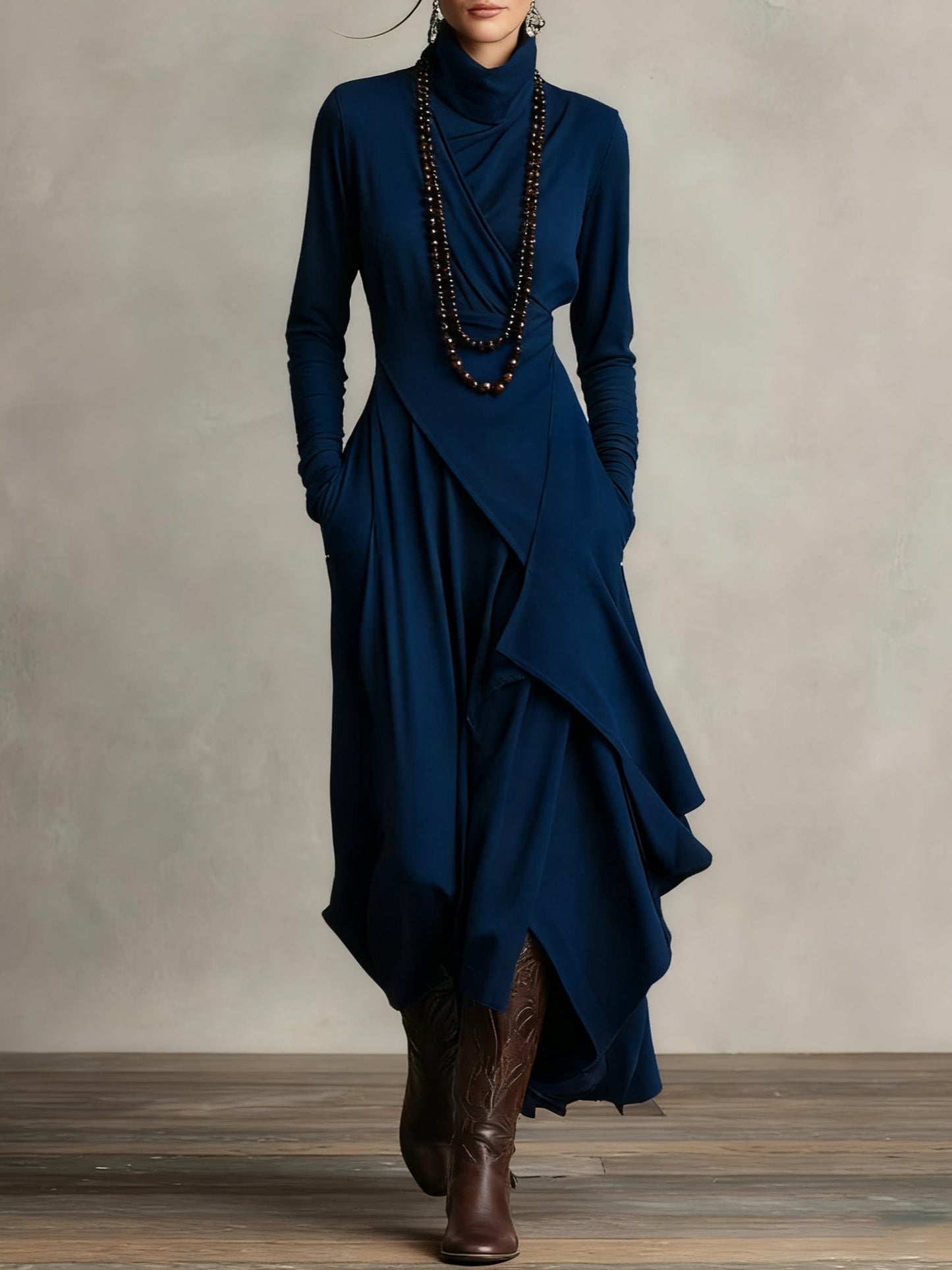 Women Long Dress | Asymmetric Draped Turtleneck Maxi