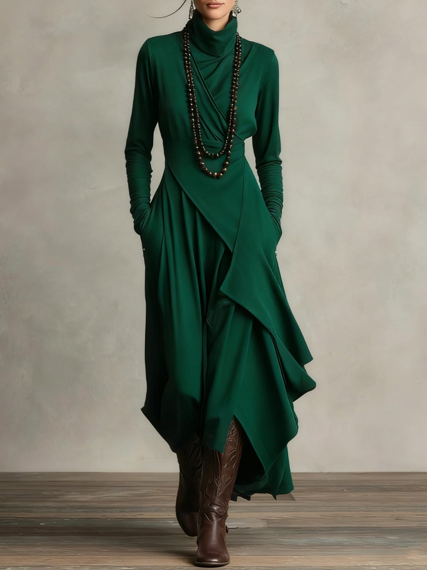 Women Long Dress | Asymmetric Draped Turtleneck Maxi