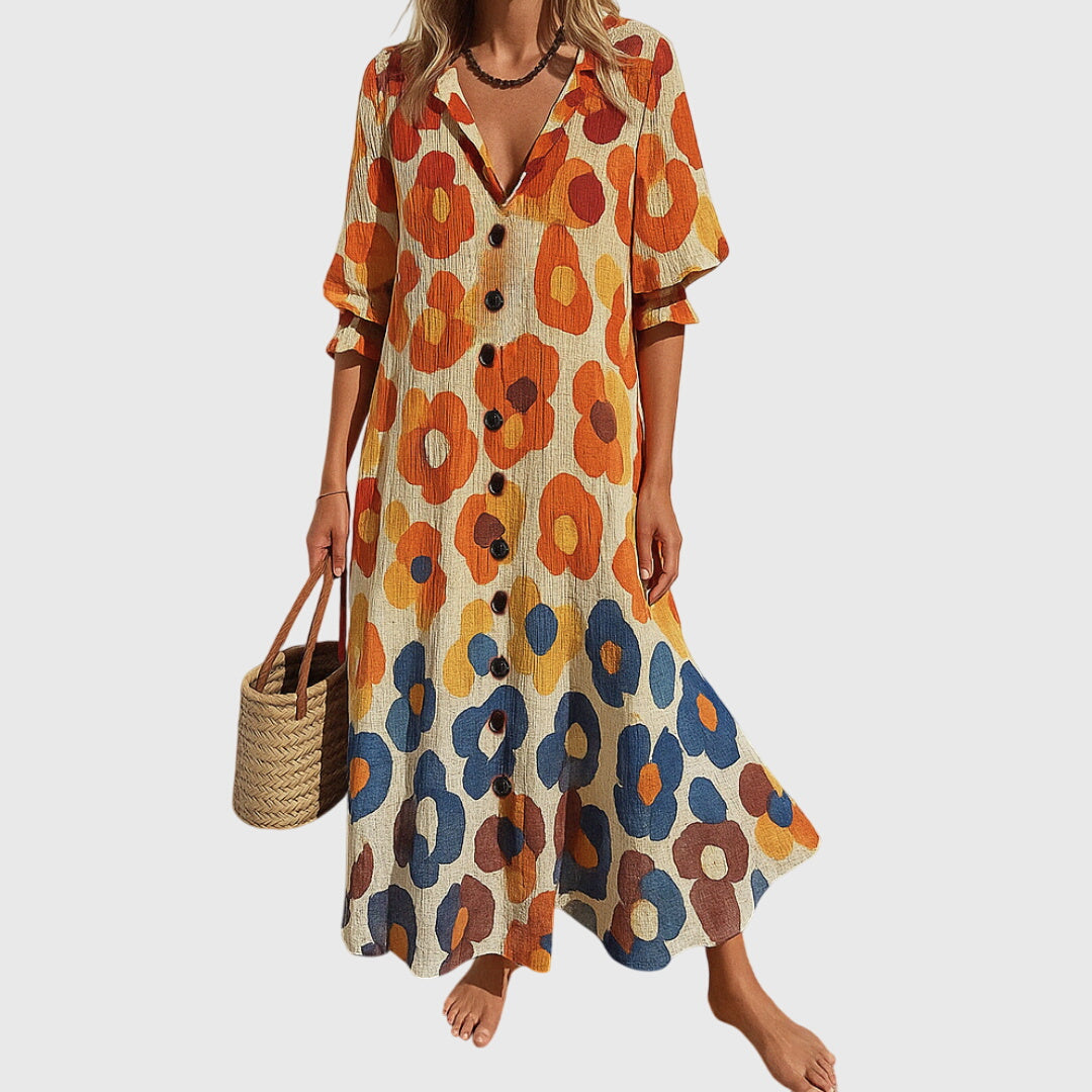 Women Long Dress | Bold Floral Print Button-Front Maxi