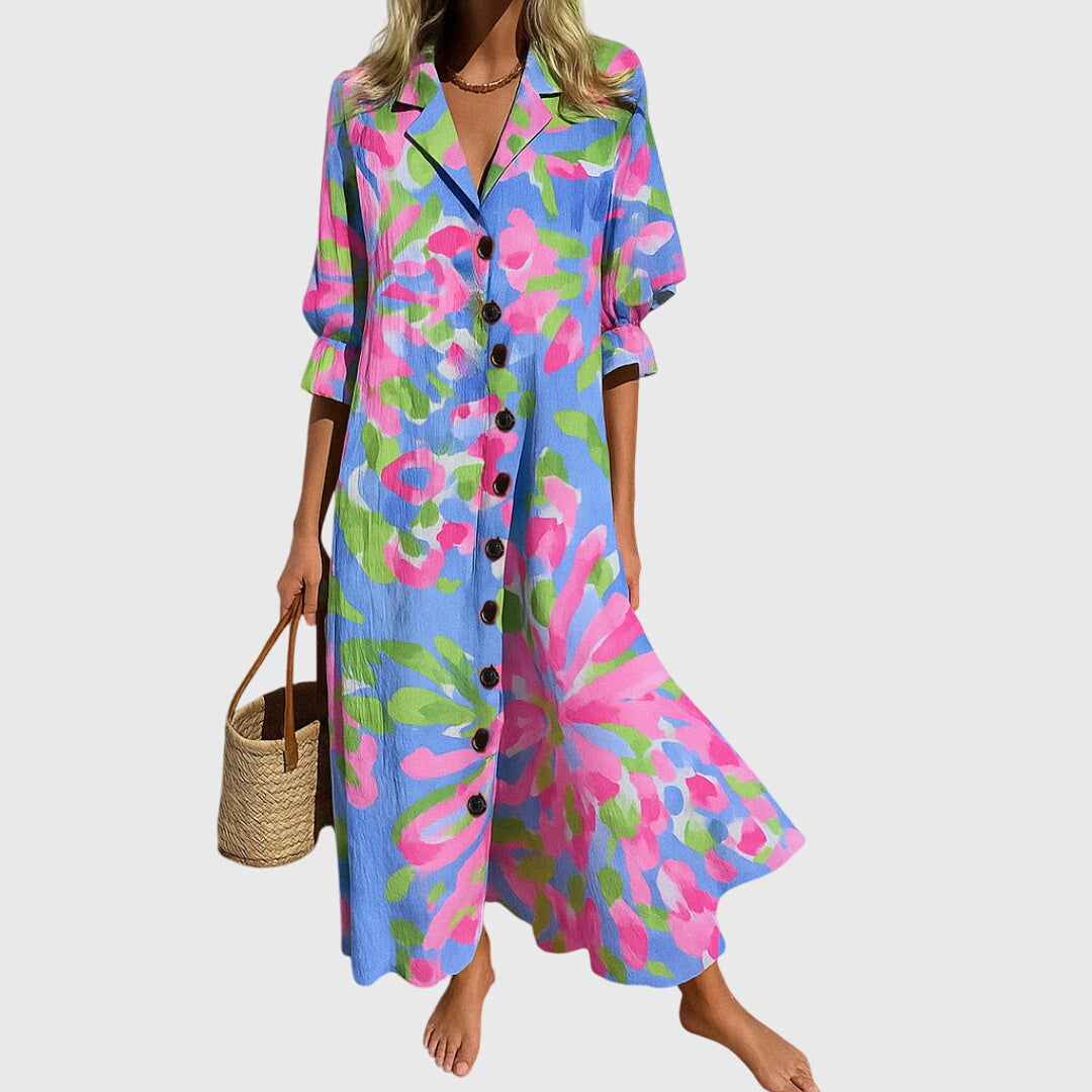Women Long Dress | Bold Floral Print Button-Front Maxi