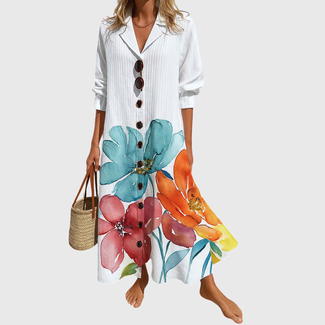 Women Long Dress | Bold Floral Print Button-Front Maxi