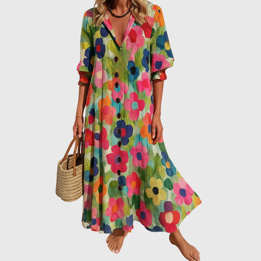 Women Long Dress | Bold Floral Print Button-Front Maxi