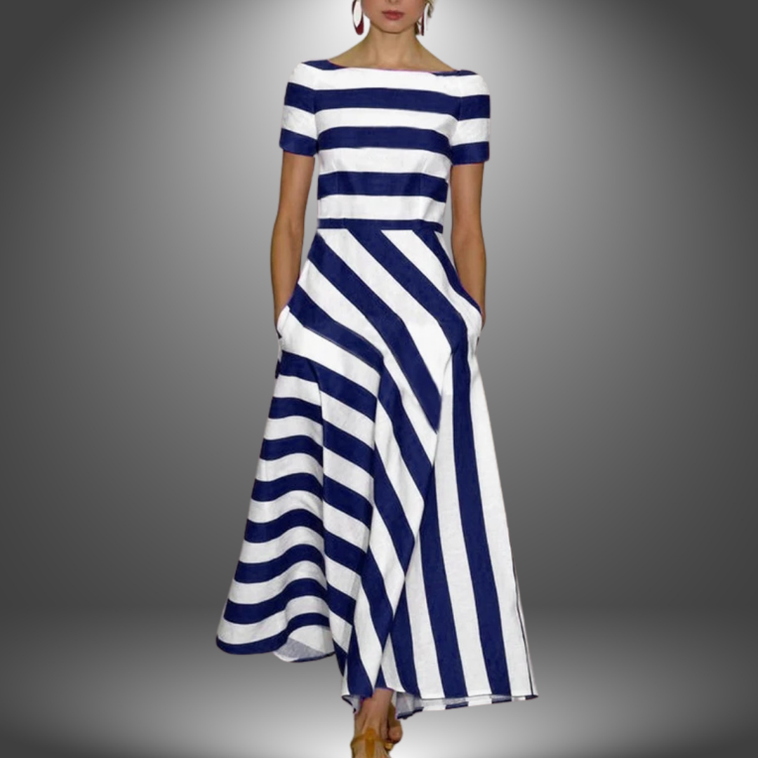 Women Stripe Maxi Dress | Boat Neck & Diagonal Stripe A-Line Skirt