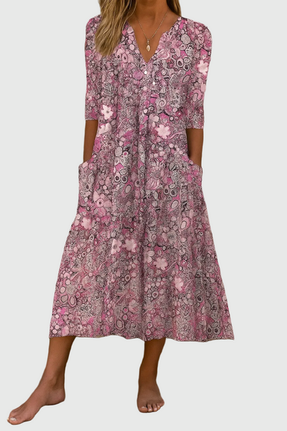 Women Summer Midi Dress | Artistic Print V-Neck Design