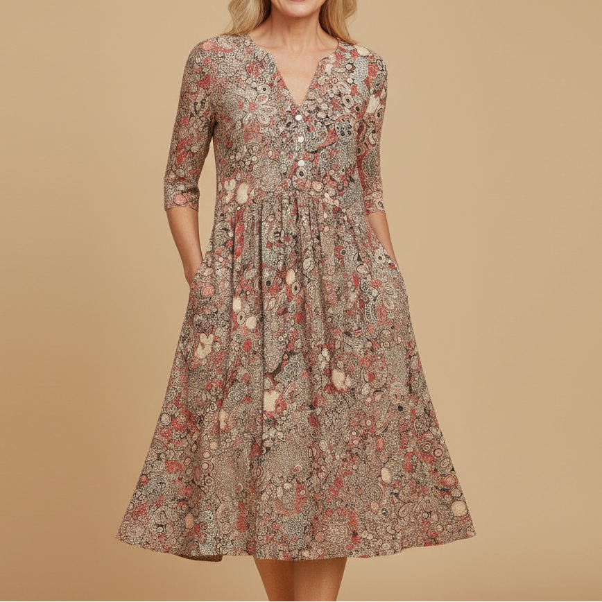 Women Summer Midi Dress | Artistic Print V-Neck Design