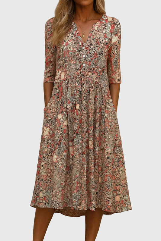 Women Summer Midi Dress | Artistic Print V-Neck Design