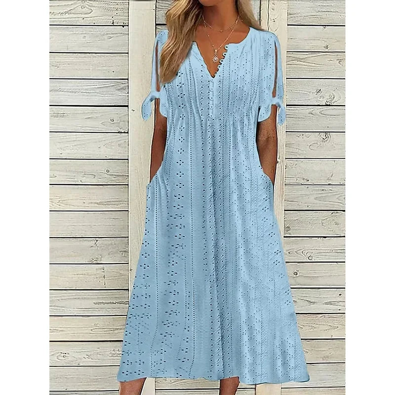 Women Summer Midi Dress | Eyelet Tie-Sleeve Design