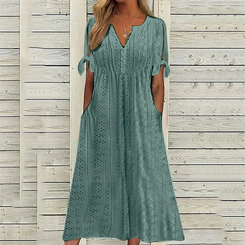 Women Summer Midi Dress | Eyelet Tie-Sleeve Design