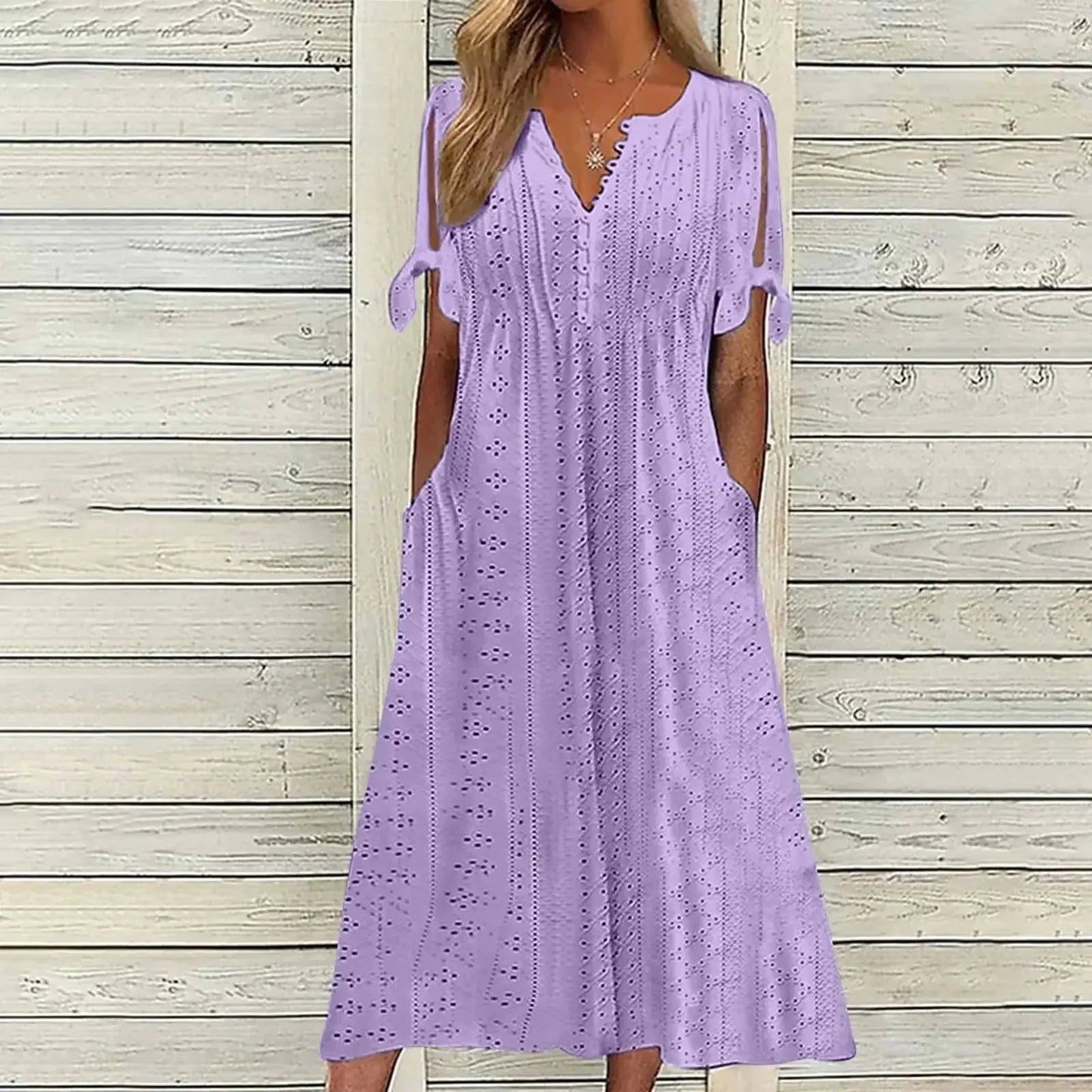 Women Summer Midi Dress | Eyelet Tie-Sleeve Design
