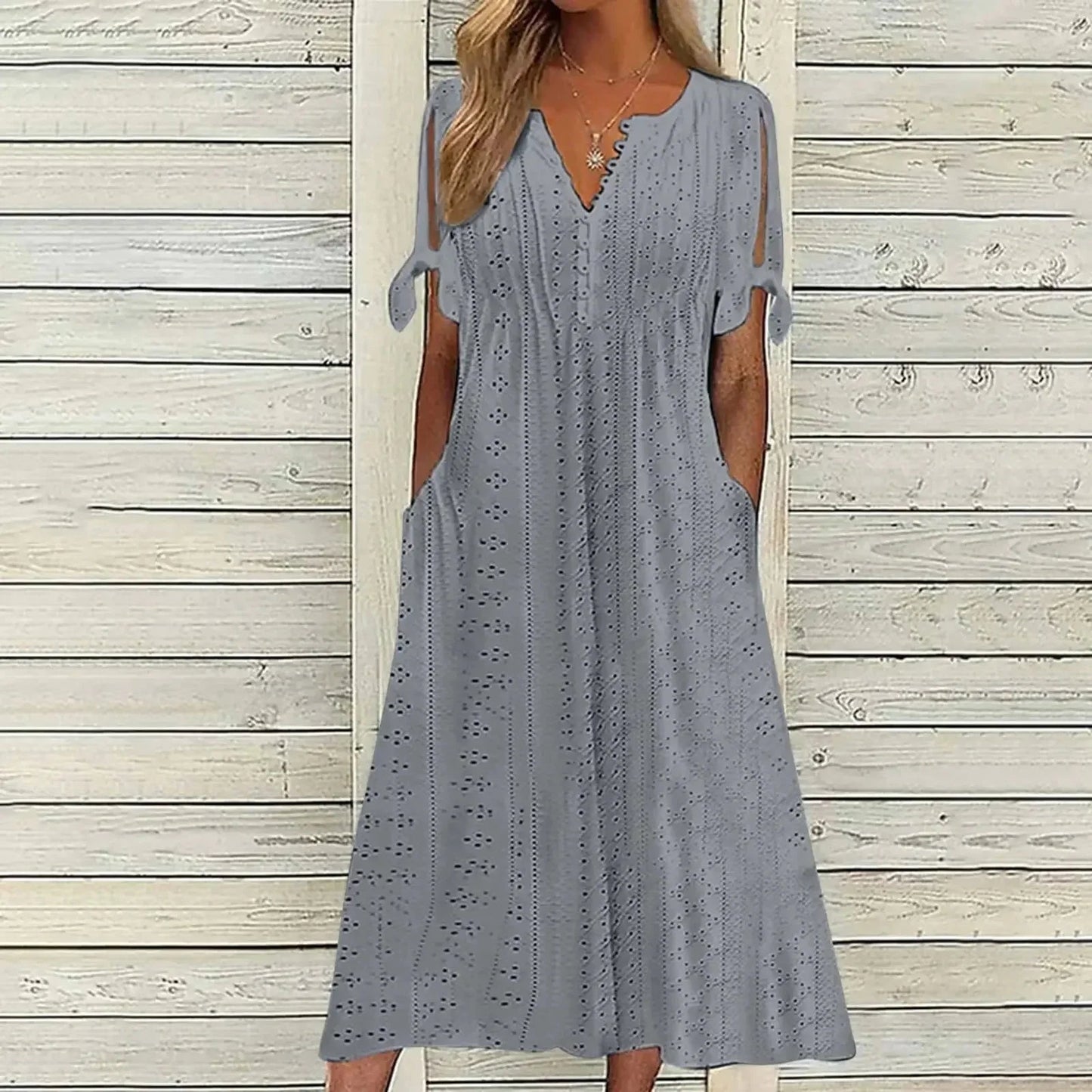 Women Summer Midi Dress | Eyelet Tie-Sleeve Design