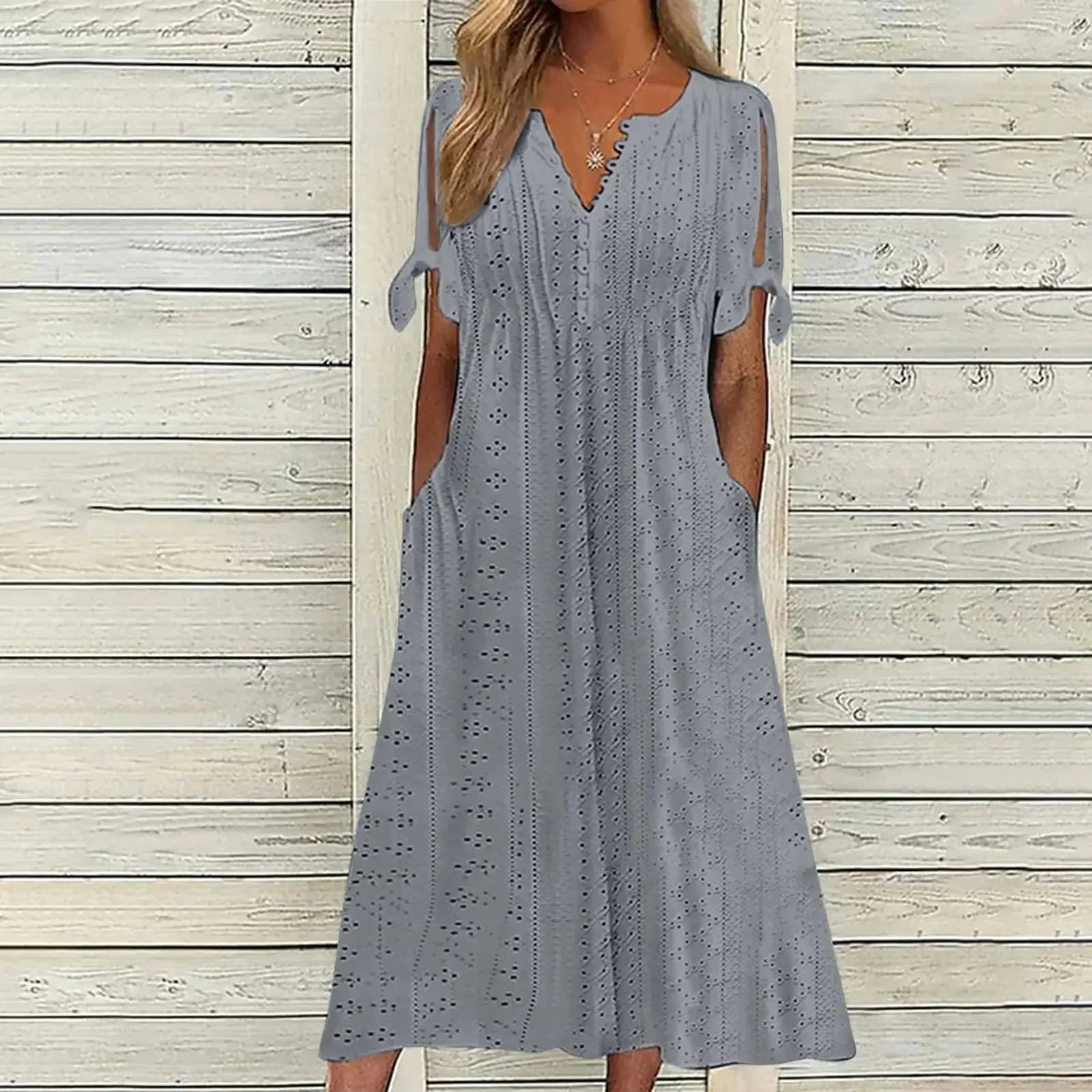 Women Summer Midi Dress | Eyelet Tie-Sleeve Design
