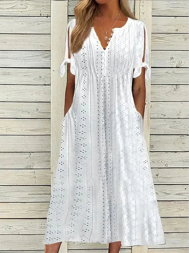 Women Summer Midi Dress | Eyelet Tie-Sleeve Design