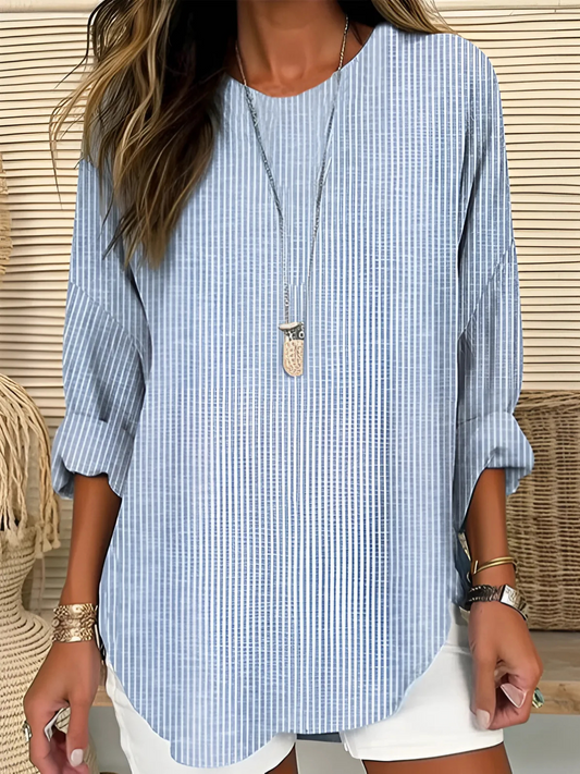 Women's Top | Striped Blouse with Round Neck & Long Sleeves