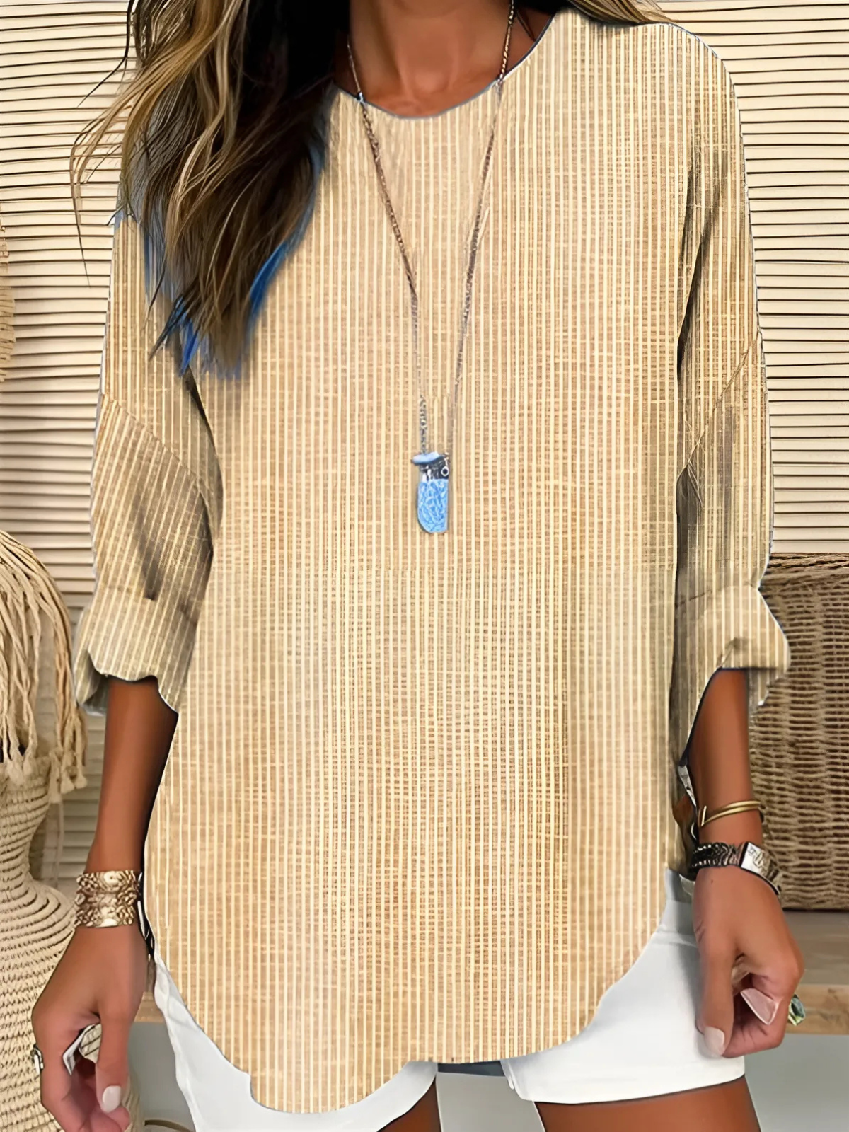 Women's Top | Striped Blouse with Round Neck & Long Sleeves