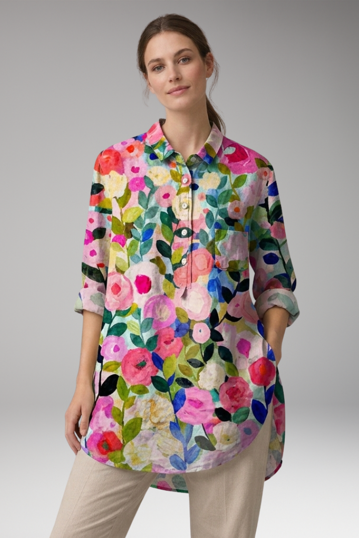 Women's Button-Down Shirt with Floral Print and Rolled Sleeves 9