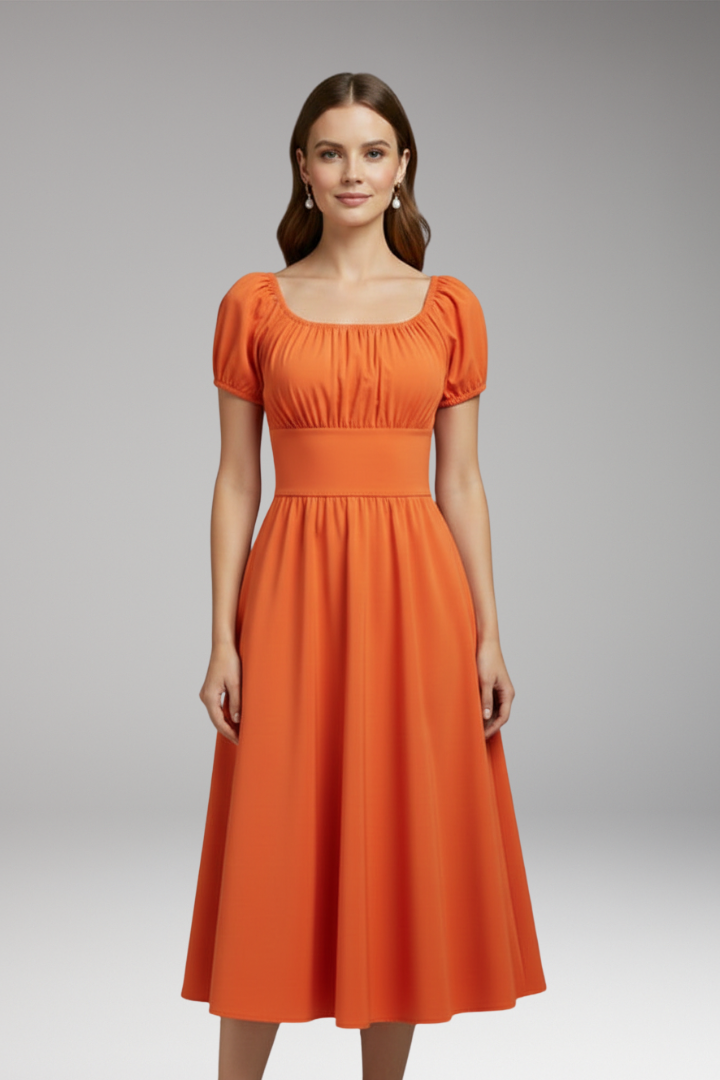 Women's Dress with Puff Sleeves and Waist Shaping 8