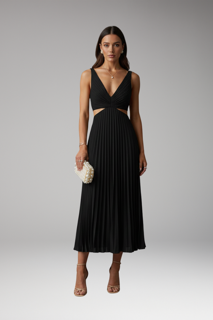 Women's Dress with V-Neckline and Pleated Skirt 0