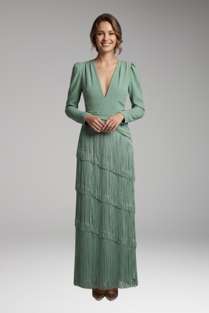 Women's Evening Dress with V-Neck and Tassel Decoration 0