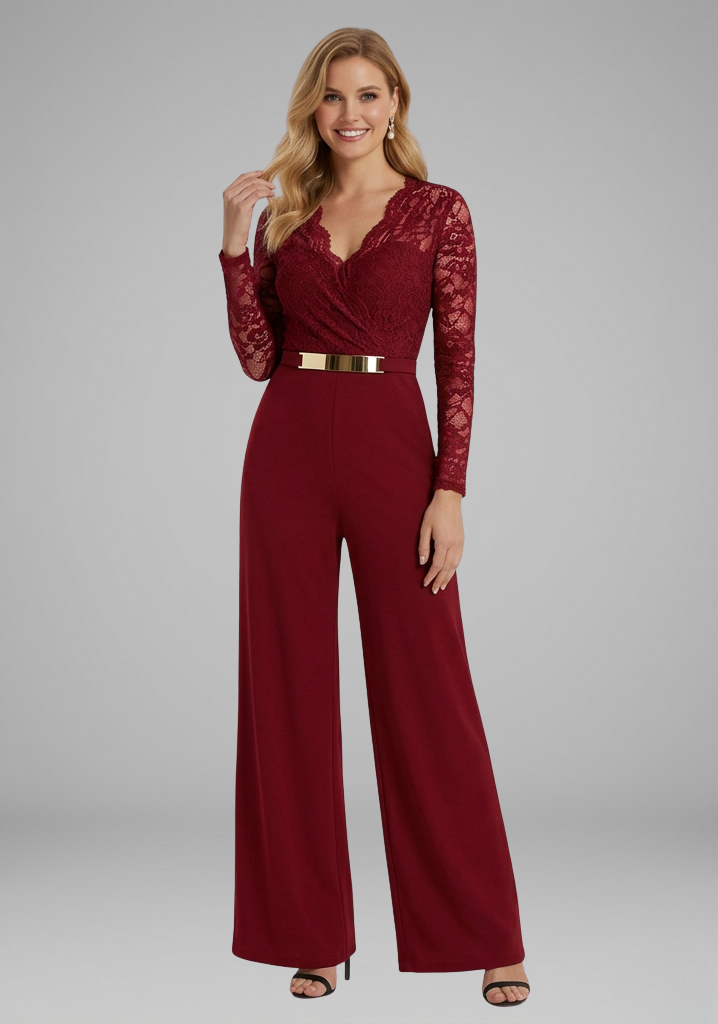 Women's Jumpsuit with Lace Sleeves and Wide Legs 0