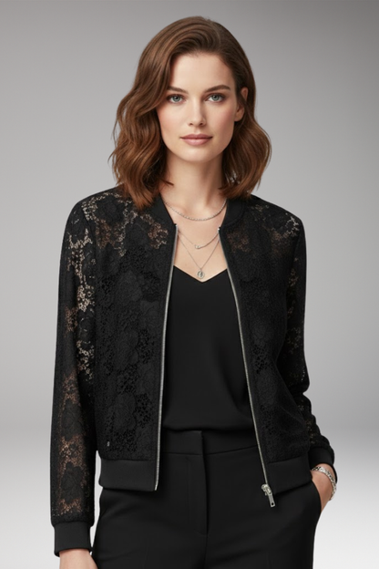 Women's Lace Bomber Jacket with Zip and Elastic Cuffs 0