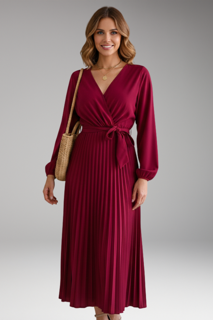 Women's Maxi Dress with V Neck and Pleated Skirt 0