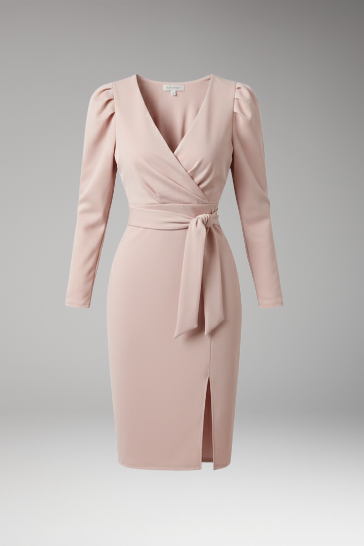 Women's Midi Dress with Waist Tie and Long Sleeves 1