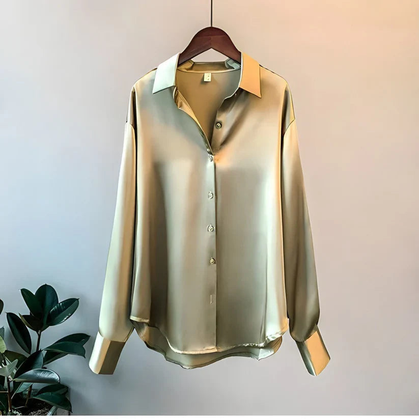 Women's Silk Blouse | Satin Finish & Loose Fit | Long Sleeve & Structured Collar | Voxeya 3