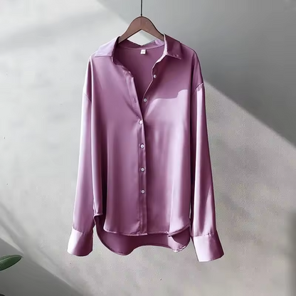 Women's Silk Blouse | Satin Finish & Loose Fit | Long Sleeve & Structured Collar | Voxeya 6
