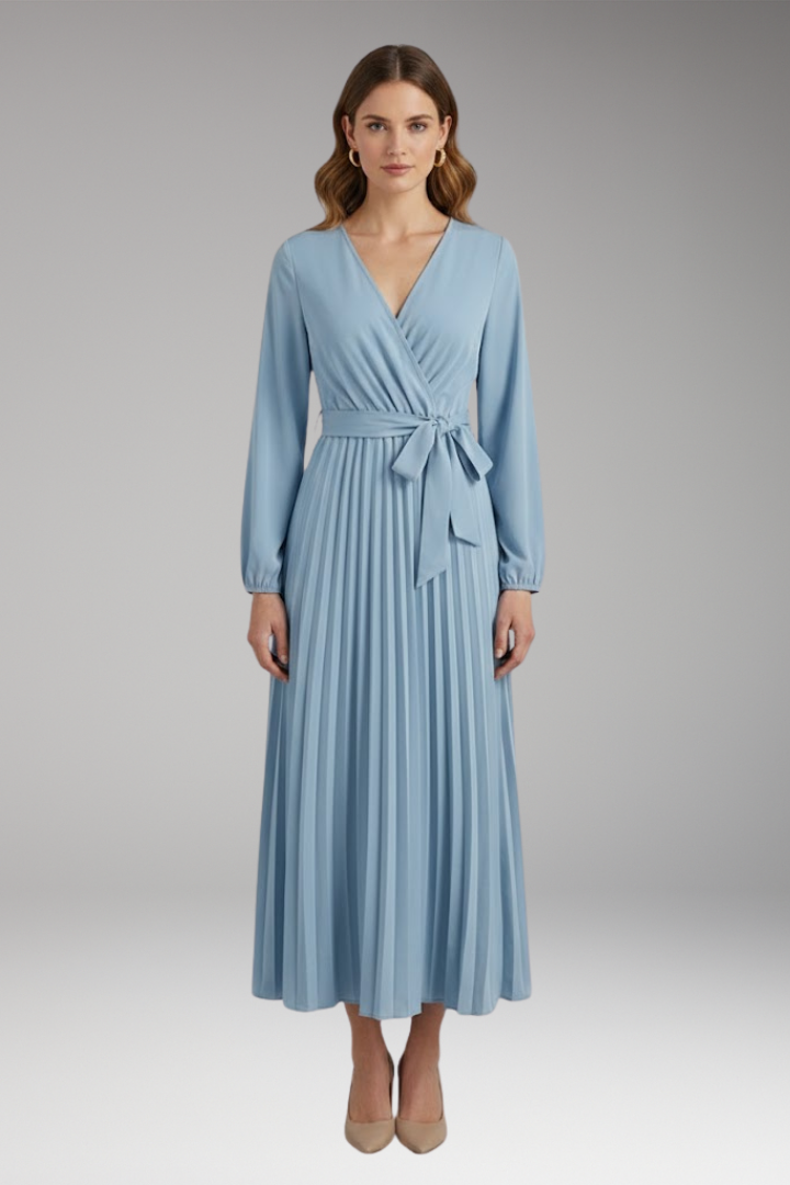 Women's Solid-Colored Dress with Stand-Up Collar and Pleated Belt 0