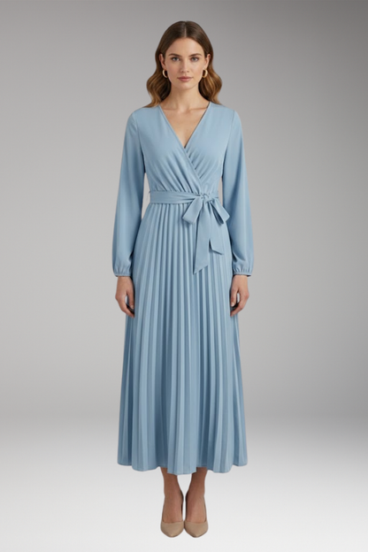 Women's Solid-Colored Dress with Stand-Up Collar and Pleated Belt 0