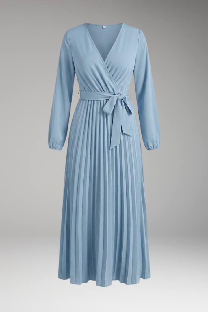 Women's Solid-Colored Dress with Stand-Up Collar and Pleated Belt 1