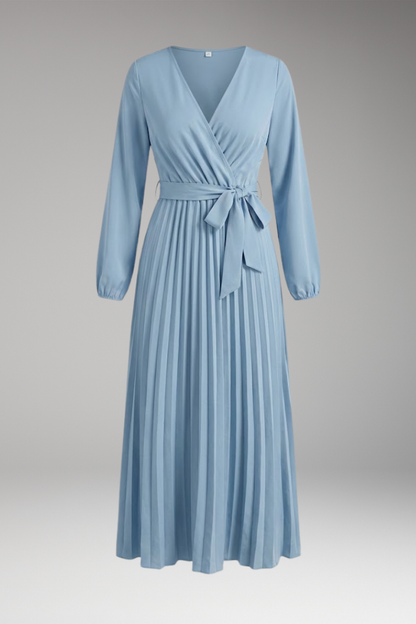 Women's Solid-Colored Dress with Stand-Up Collar and Pleated Belt 1