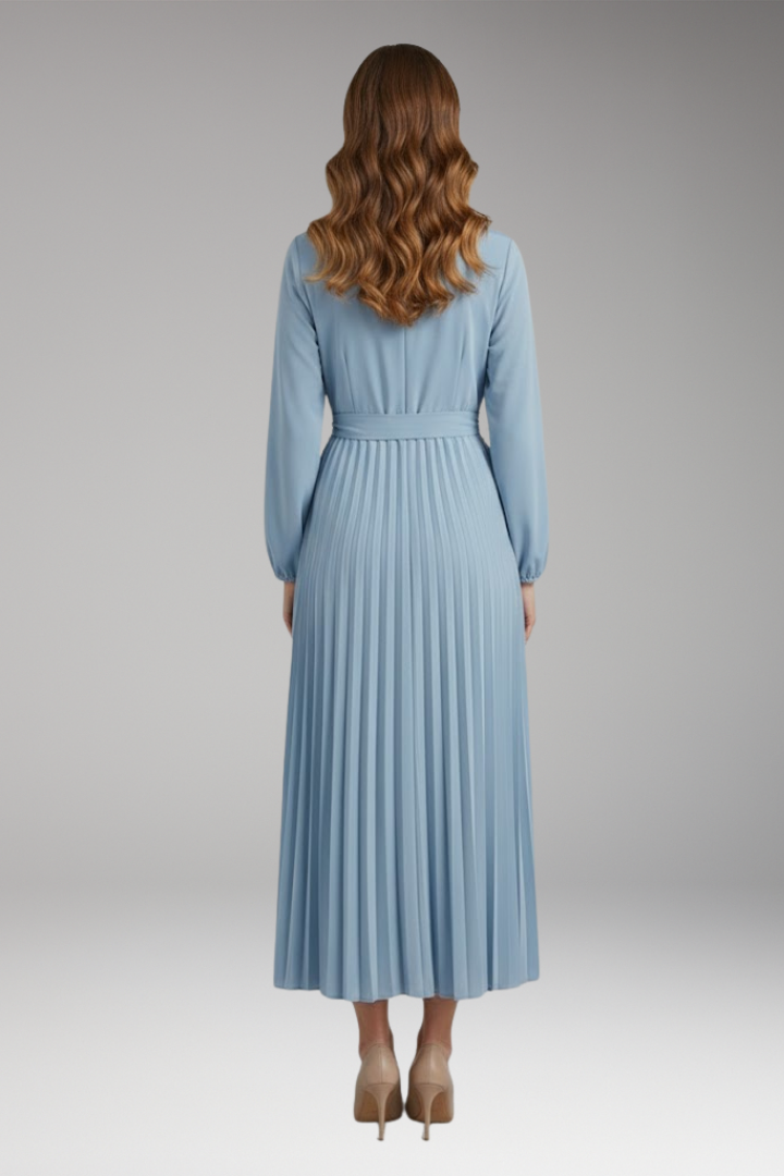 Women's Solid-Colored Dress with Stand-Up Collar and Pleated Belt 4