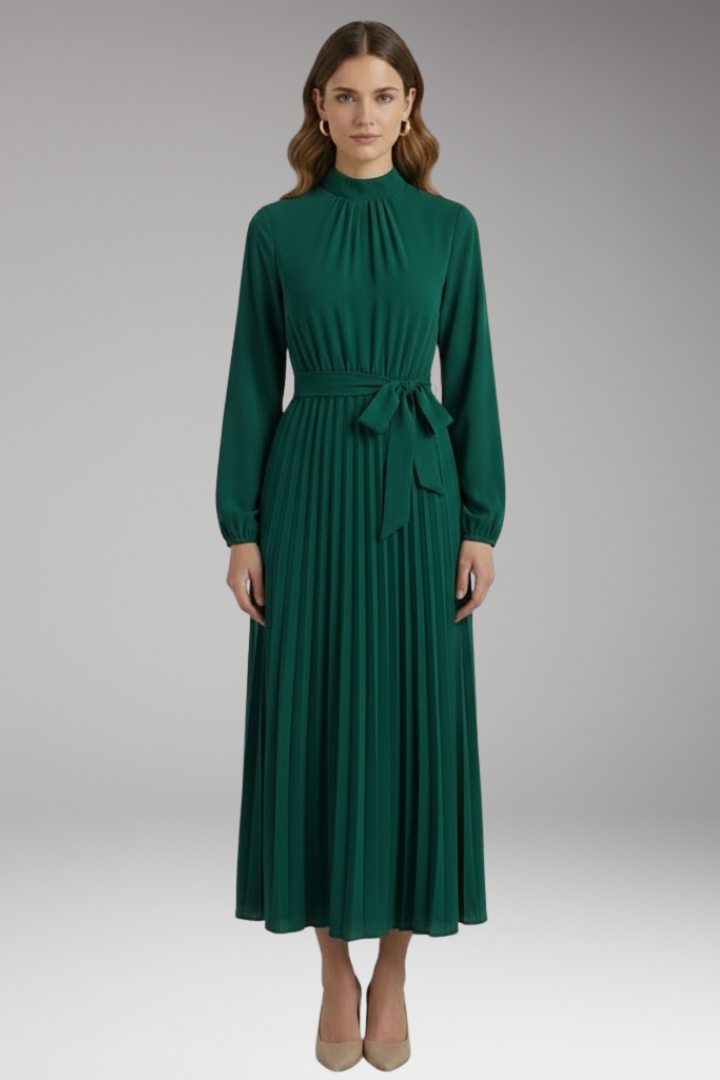 Women's Solid-Colored Dress with Stand-Up Collar and Pleated Belt 5