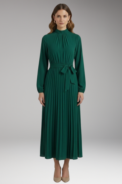 Women's Solid-Colored Dress with Stand-Up Collar and Pleated Belt 5