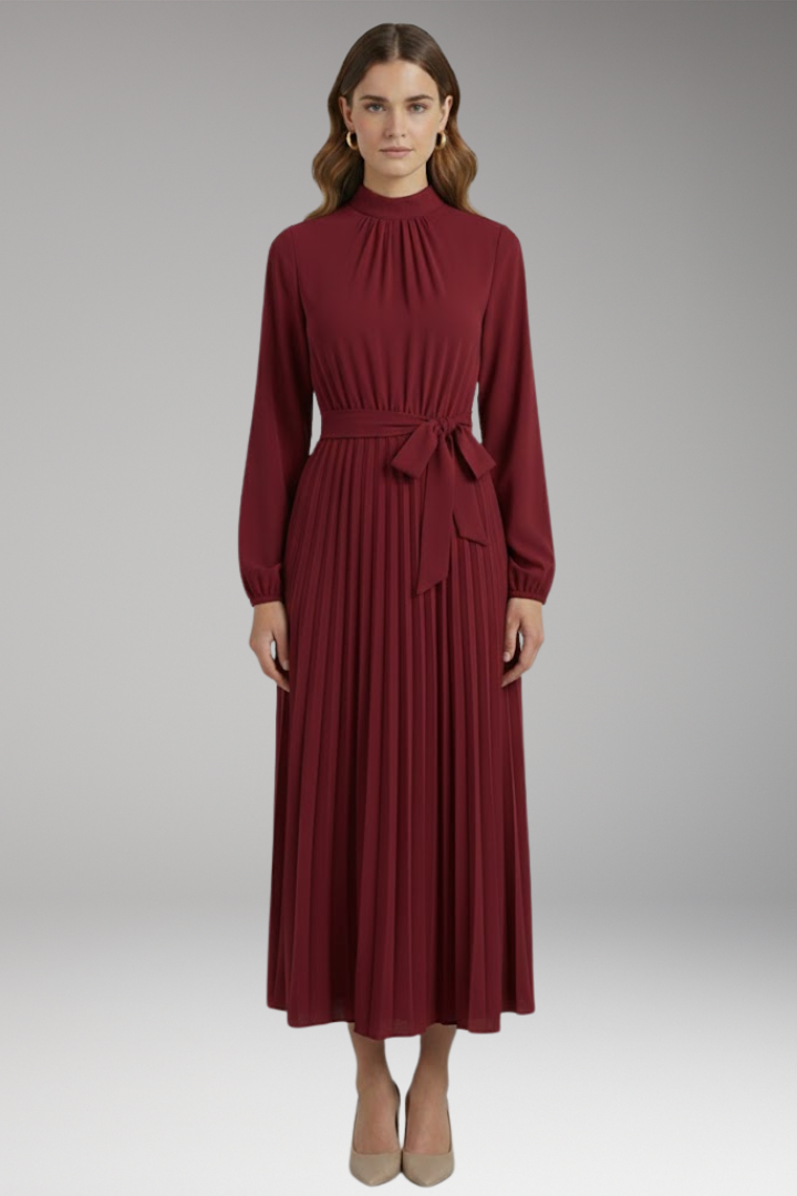Women's Solid-Colored Dress with Stand-Up Collar and Pleated Belt 6