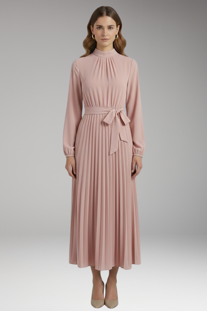 Women's Solid-Colored Dress with Stand-Up Collar and Pleated Belt 7
