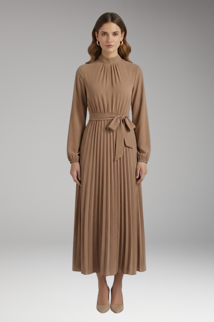 Women's Solid-Colored Dress with Stand-Up Collar and Pleated Belt 8