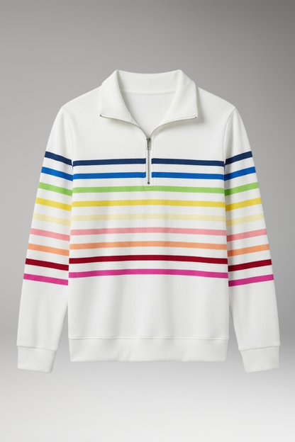 Women's Striped Half-Zip Sweatshirt with Cotton-Blend Fabric and Stand Collar 1