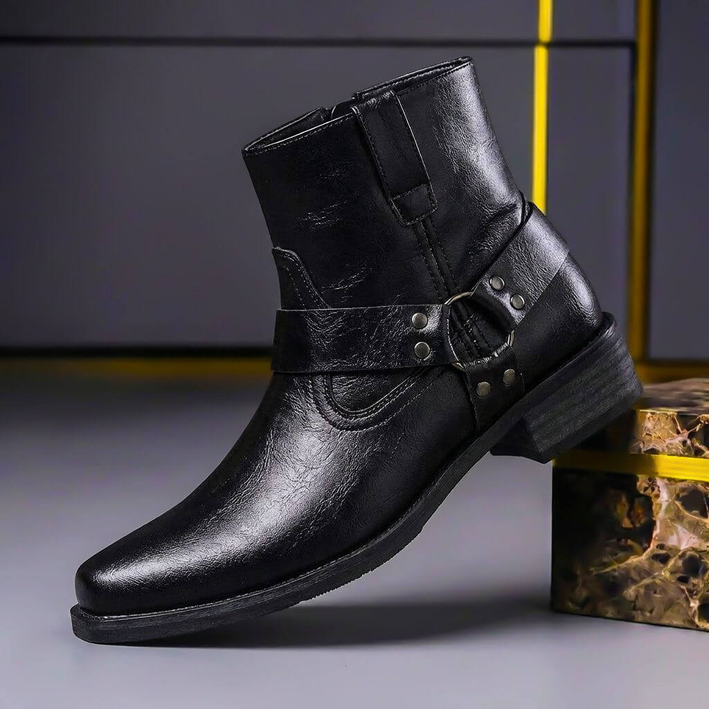 Women's Ankle Boots | Riveted Harness Strap, Stacked Block Heel
