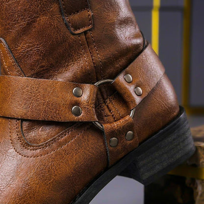Women's Ankle Boots | Riveted Harness Strap, Stacked Block Heel