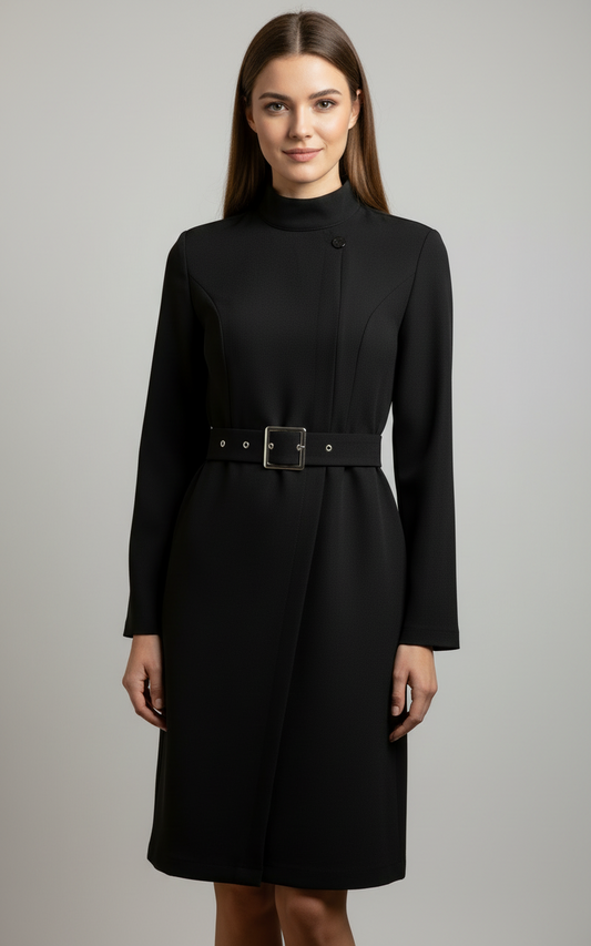 Women's Belted A-Line Midi Dress | High Neck & Sculpted Fit
