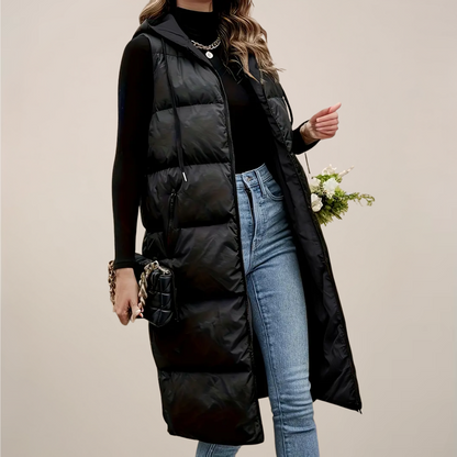Women’s Black Longline Puffer Gilet – Stylish Hooded Vest for Outdoor Adventures