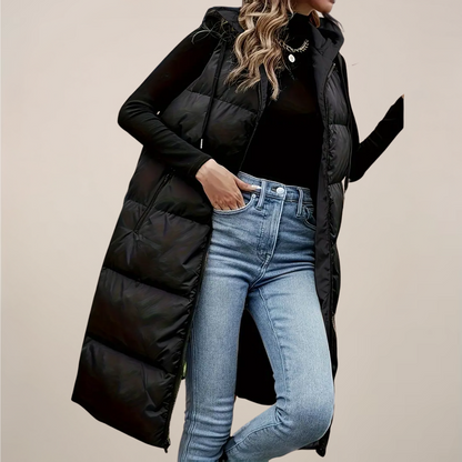Women’s Black Longline Puffer Gilet – Stylish Hooded Vest for Outdoor Adventures
