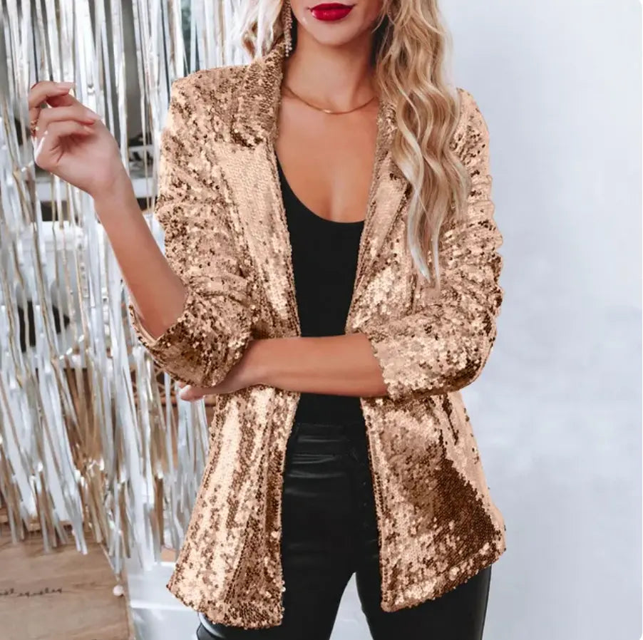 Women's Blazer | Open Front, All-Over Sequin Shine