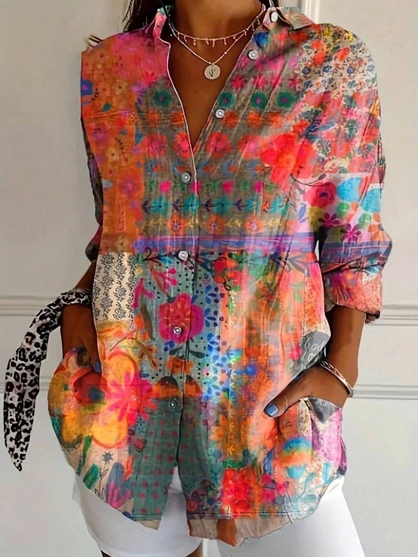 Women's Blouse | Abstract Print & Button-Front Long Sleeve