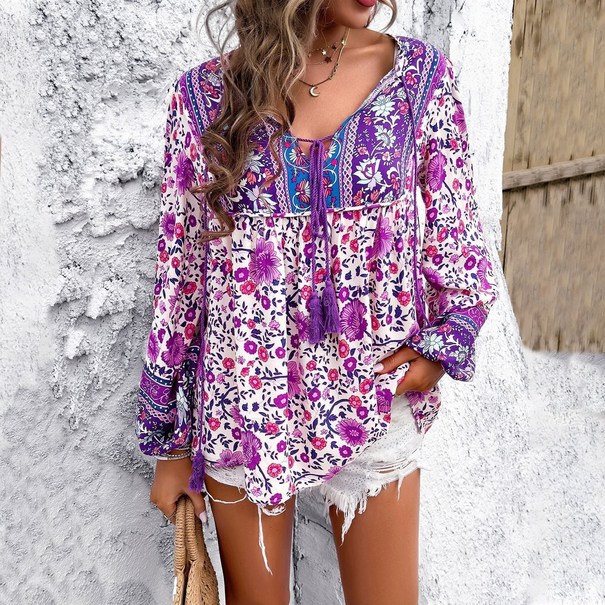 Women's Blouse | Bohemian Print Tunic with Tassel Tie