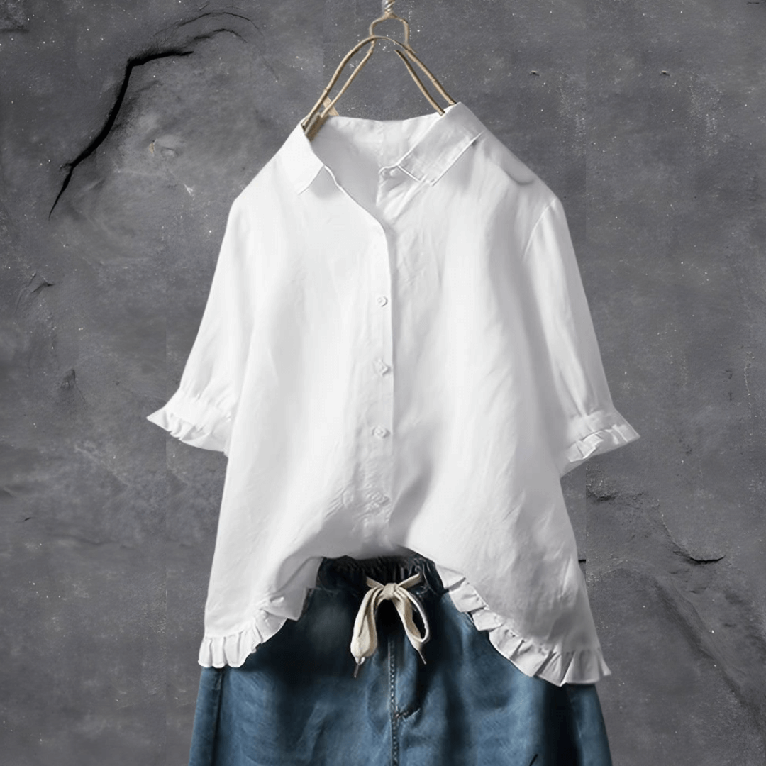 Women's Blouse | Collared Button-Front & Ruffled Hem Detail