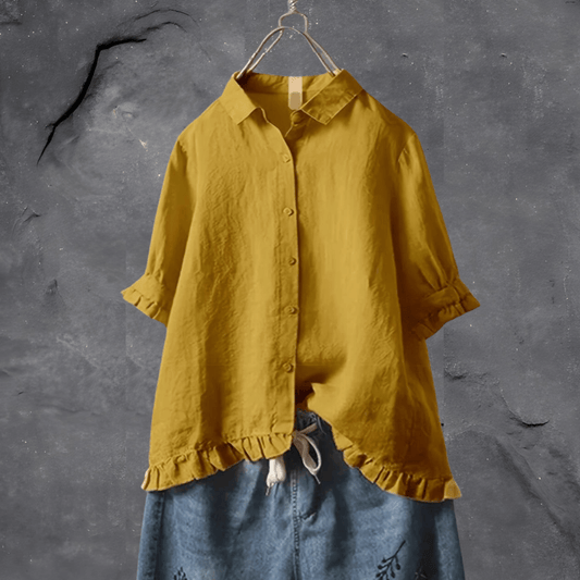 Women's Blouse | Collared Button-Front & Ruffled Hem Detail