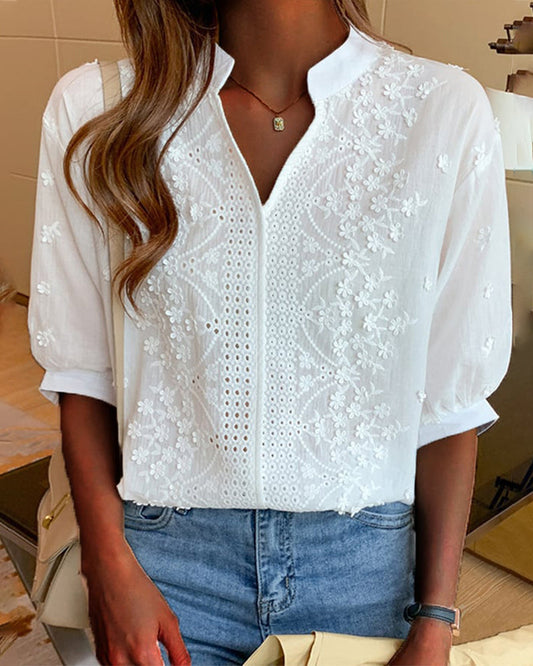 Women's Blouse | Embroidered Front & Puff Sleeve V-Neck
